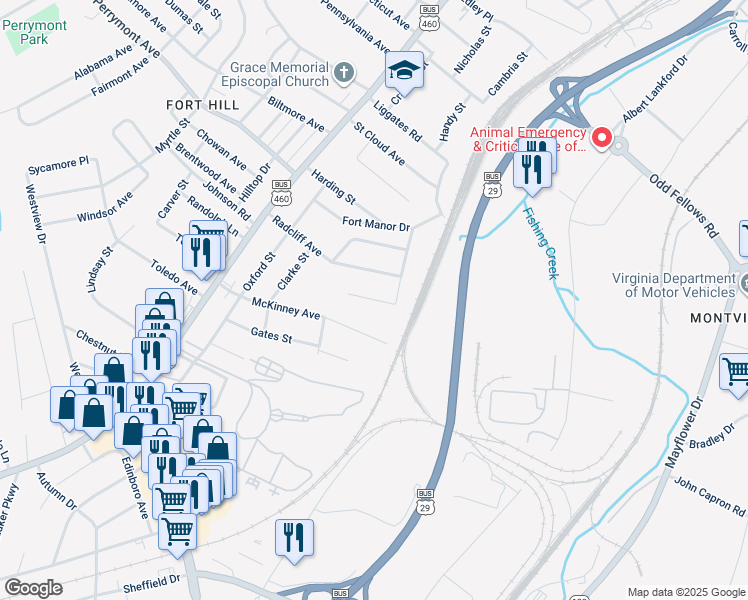 map of restaurants, bars, coffee shops, grocery stores, and more near 1540 Knott Street in Lynchburg