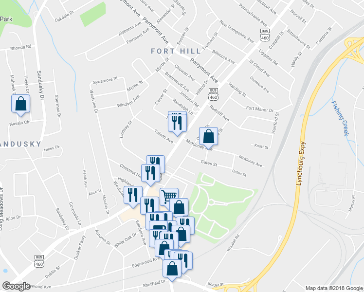 map of restaurants, bars, coffee shops, grocery stores, and more near 4900 Fort Avenue in Lynchburg