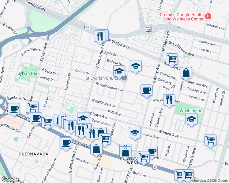 map of restaurants, bars, coffee shops, grocery stores, and more near 221 Lanitos Avenue in Sunnyvale