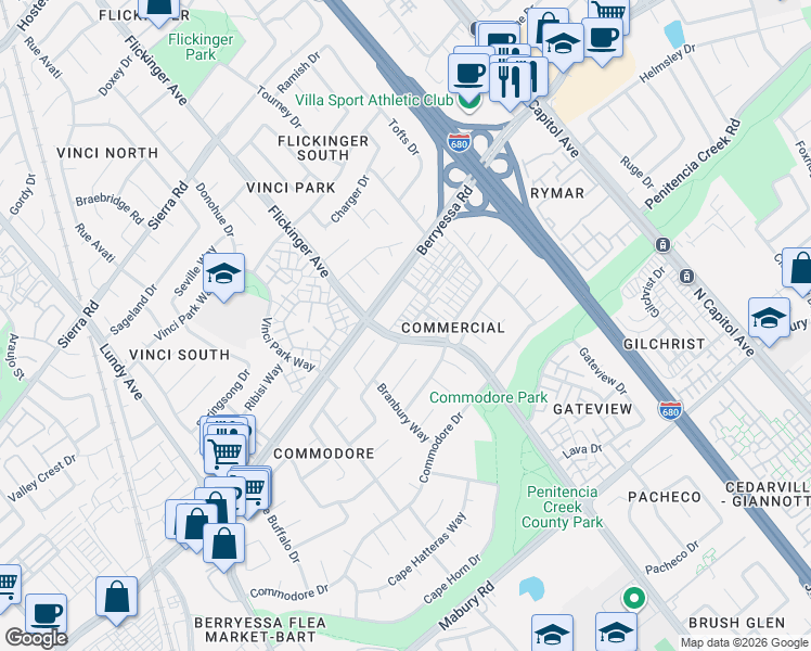 map of restaurants, bars, coffee shops, grocery stores, and more near 2026 Summer Squash Walkway in San Jose
