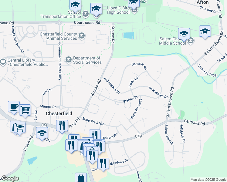 map of restaurants, bars, coffee shops, grocery stores, and more near 6241 Gatesgreen Drive in Chesterfield