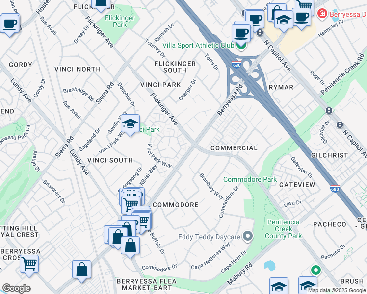 map of restaurants, bars, coffee shops, grocery stores, and more near 2044 Voss Park Lane in San Jose