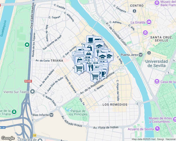 map of restaurants, bars, coffee shops, grocery stores, and more near 41 Calle Esperanza de Triana in Sevilla