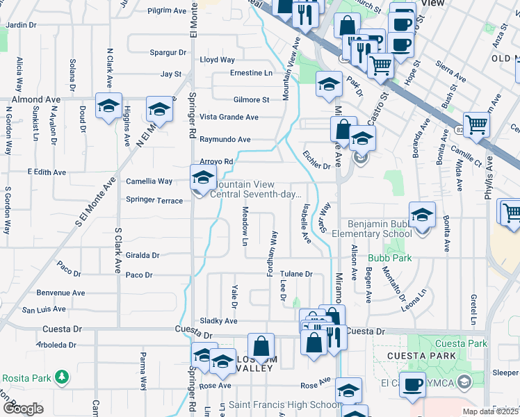 map of restaurants, bars, coffee shops, grocery stores, and more near 1445 Meadow Lane in Mountain View