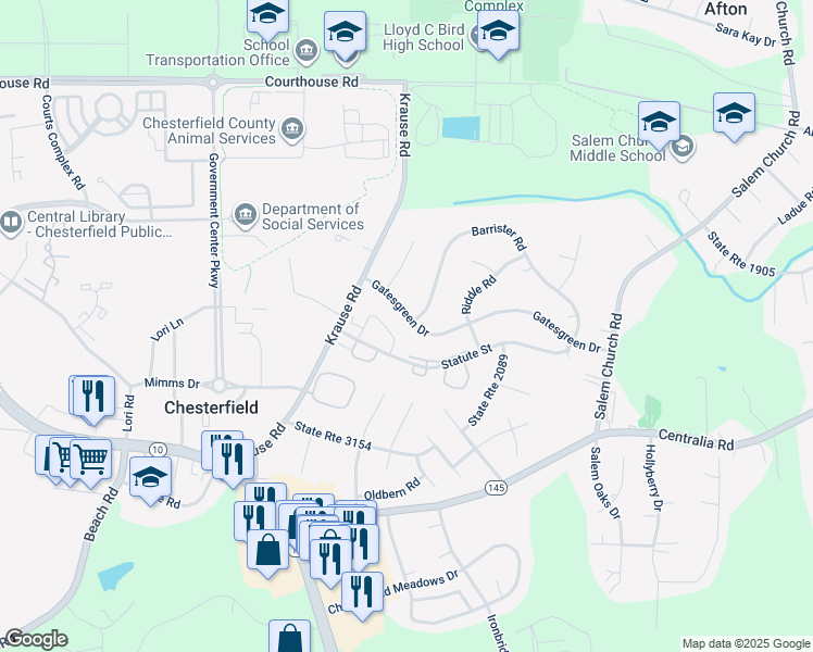 map of restaurants, bars, coffee shops, grocery stores, and more near 6241 Gatesgreen Drive in Chesterfield