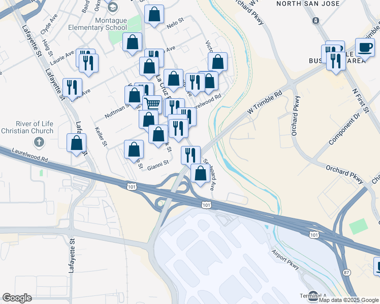 map of restaurants, bars, coffee shops, grocery stores, and more near 3165 De La Cruz Boulevard in Santa Clara