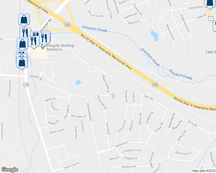 map of restaurants, bars, coffee shops, grocery stores, and more near Ethens Castle Drive in Chester