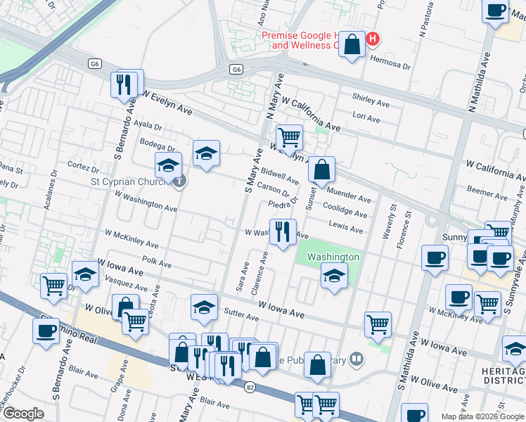 map of restaurants, bars, coffee shops, grocery stores, and more near 162 Matadero Drive in Sunnyvale