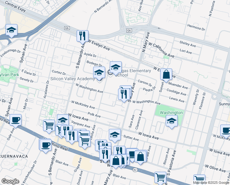 map of restaurants, bars, coffee shops, grocery stores, and more near 1055 West Washington Avenue in Sunnyvale