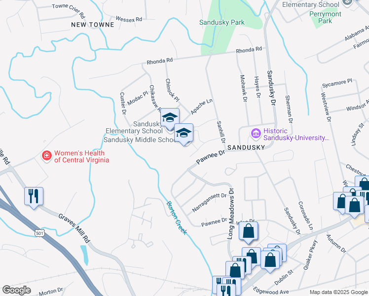 map of restaurants, bars, coffee shops, grocery stores, and more near 805 Chinook Place in Lynchburg