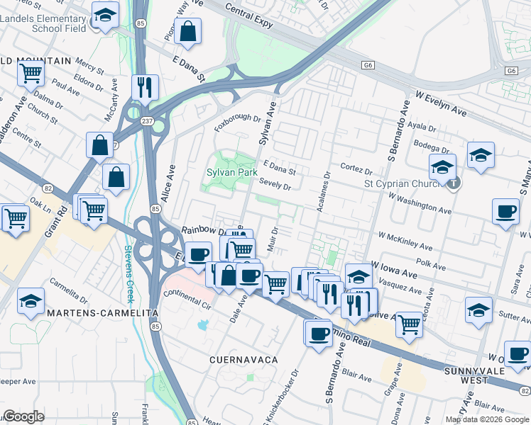 map of restaurants, bars, coffee shops, grocery stores, and more near 621 Charmain Circle in Mountain View