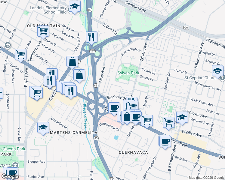 map of restaurants, bars, coffee shops, grocery stores, and more near 600 Rainbow Drive in Mountain View