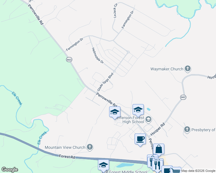 map of restaurants, bars, coffee shops, grocery stores, and more near Glade Springs Boulevard in Forest