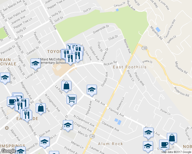 map of restaurants, bars, coffee shops, grocery stores, and more near 186 Mountain View Avenue in San Jose