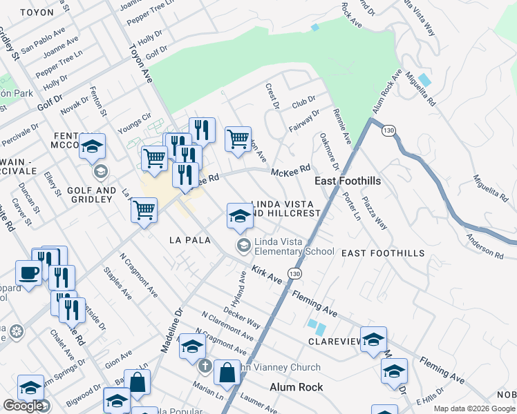 map of restaurants, bars, coffee shops, grocery stores, and more near 186 Mountain View Avenue in San Jose