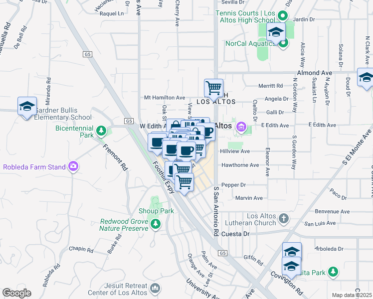 map of restaurants, bars, coffee shops, grocery stores, and more near 103-139 3rd Street in Los Altos