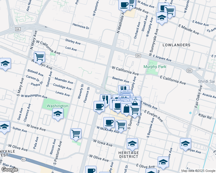 map of restaurants, bars, coffee shops, grocery stores, and more near 354 Angel Avenue in Sunnyvale