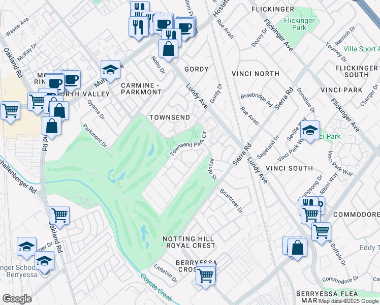 map of restaurants, bars, coffee shops, grocery stores, and more near 1612 Parkview Green Circle in San Jose