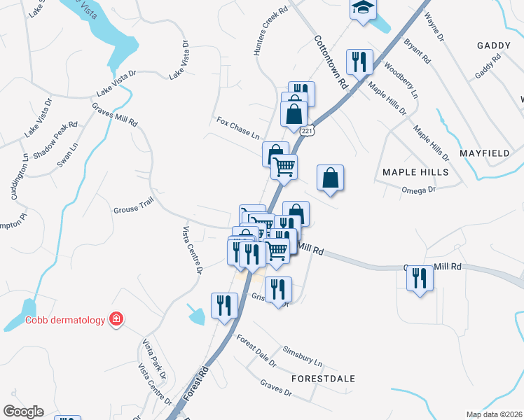 map of restaurants, bars, coffee shops, grocery stores, and more near 18134 Forest Road in Forest
