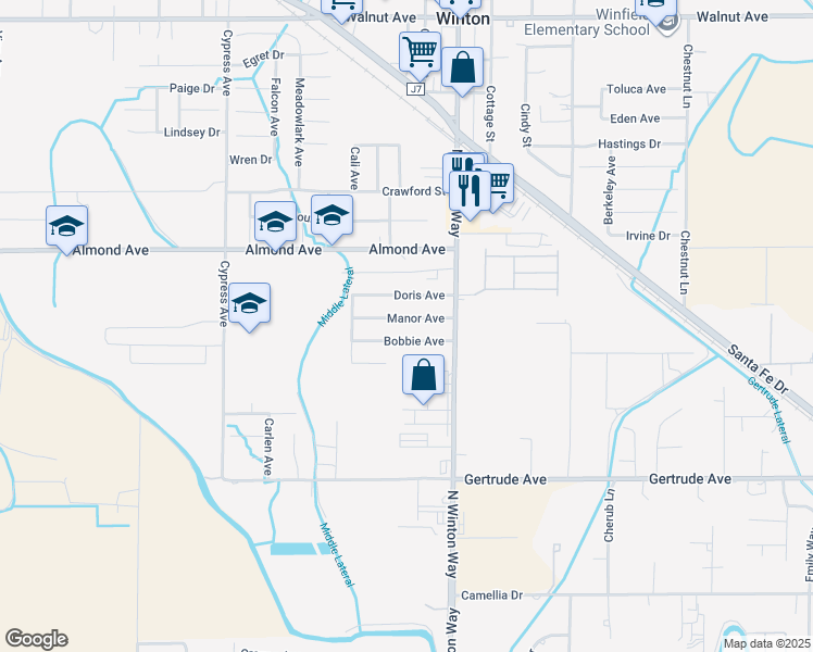 map of restaurants, bars, coffee shops, grocery stores, and more near 7076 Manor Avenue in Winton