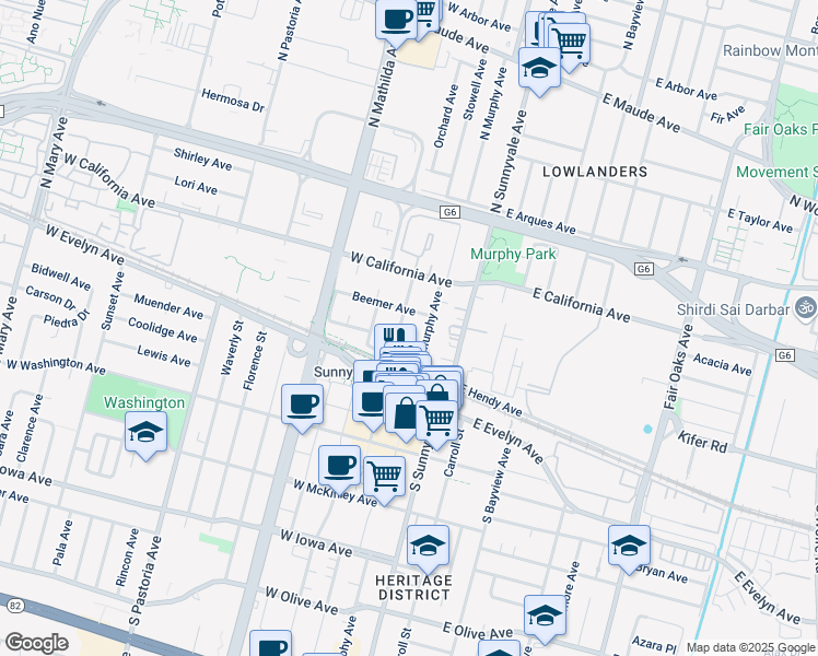 map of restaurants, bars, coffee shops, grocery stores, and more near 153 North Murphy Avenue in Sunnyvale