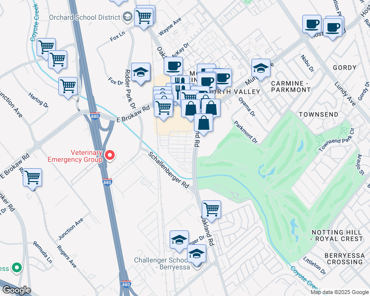 map of restaurants, bars, coffee shops, grocery stores, and more near Freesia Place in San Jose