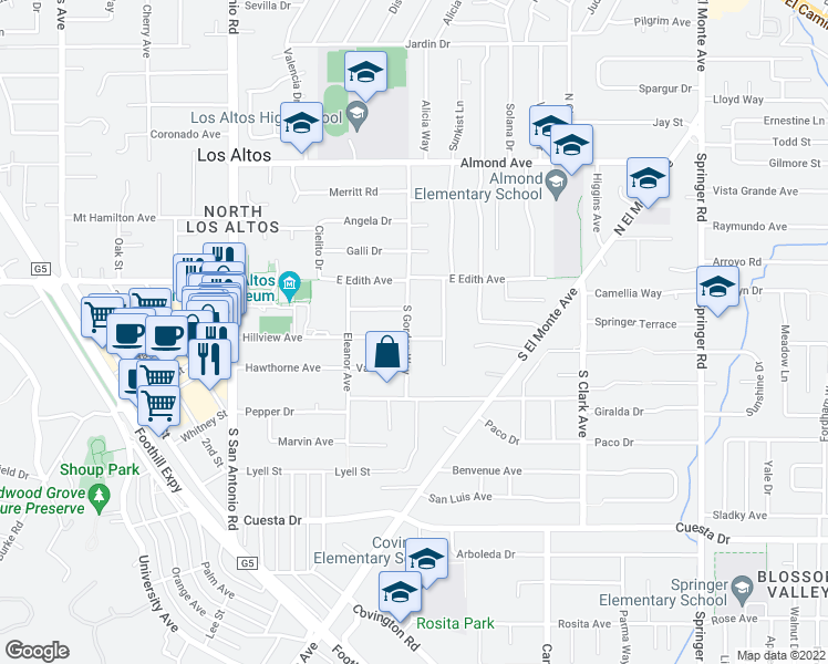 map of restaurants, bars, coffee shops, grocery stores, and more near 140 South Gordon Way in Los Altos