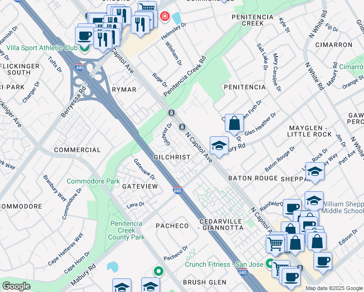 map of restaurants, bars, coffee shops, grocery stores, and more near 817 Gilchrist Walkway in San Jose