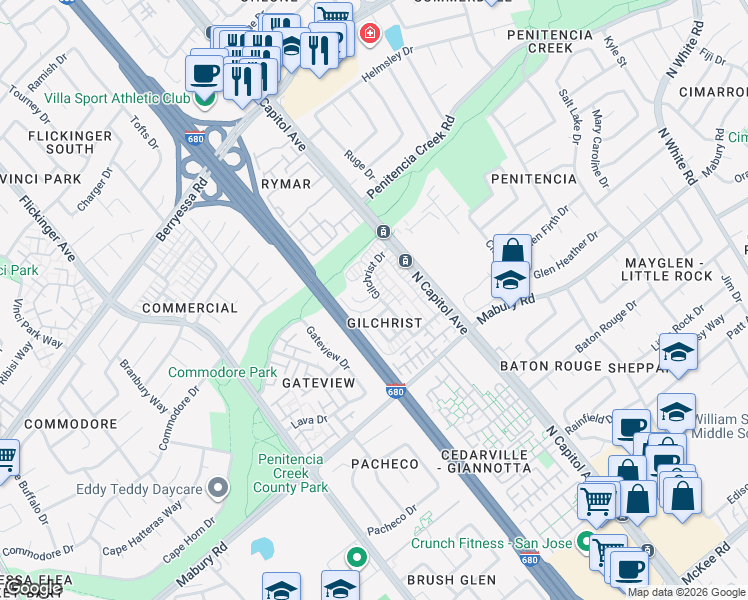 map of restaurants, bars, coffee shops, grocery stores, and more near 886 Gilchrist Drive in San Jose