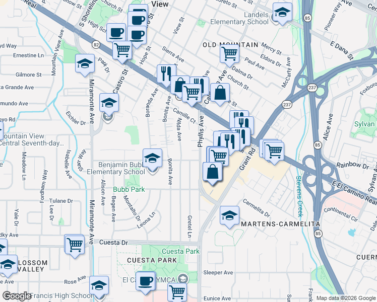 map of restaurants, bars, coffee shops, grocery stores, and more near 1171 Nilda Avenue in Mountain View