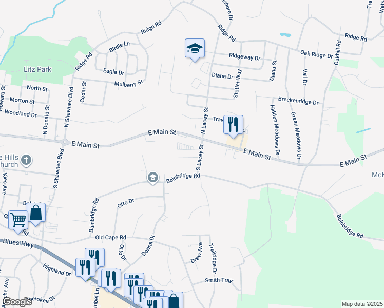 map of restaurants, bars, coffee shops, grocery stores, and more near 2358 Garrett Lane in Jackson