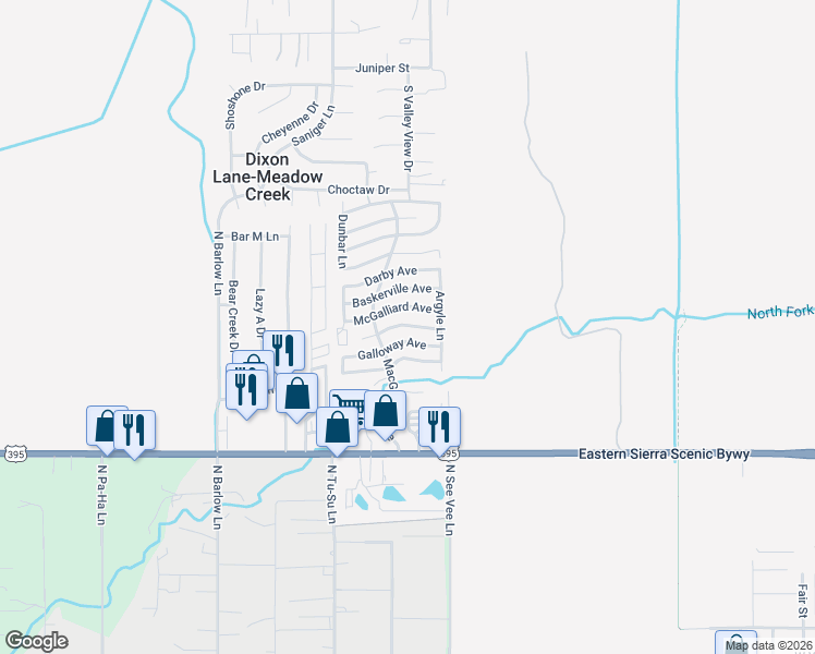 map of restaurants, bars, coffee shops, grocery stores, and more near 2225-2299 Fiora Ave in Bishop