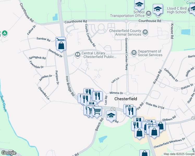 map of restaurants, bars, coffee shops, grocery stores, and more near 9649 Paddock Grove Court in Chesterfield