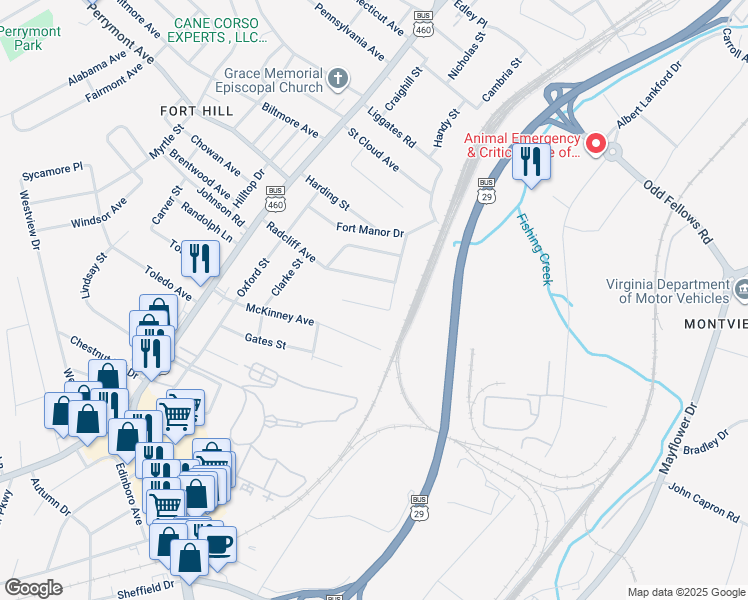 map of restaurants, bars, coffee shops, grocery stores, and more near 1552 Knott Street in Lynchburg