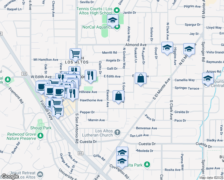 map of restaurants, bars, coffee shops, grocery stores, and more near 225 Hillview Avenue in Los Altos