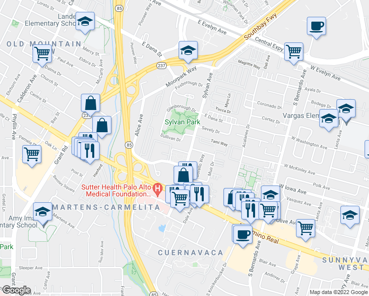 map of restaurants, bars, coffee shops, grocery stores, and more near 680 Sylvan Avenue in Mountain View