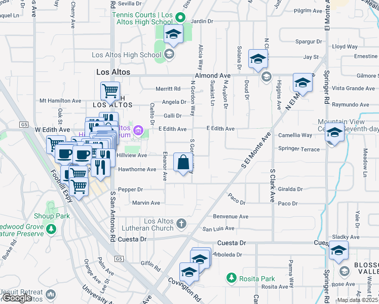 map of restaurants, bars, coffee shops, grocery stores, and more near 140 South Gordon Way in Los Altos