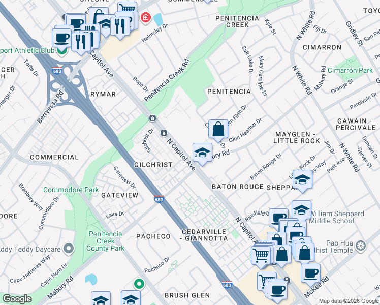 map of restaurants, bars, coffee shops, grocery stores, and more near 2616 Mabury Square in San Jose