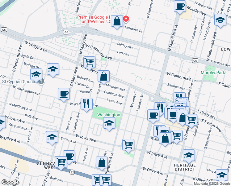map of restaurants, bars, coffee shops, grocery stores, and more near 831 Coolidge Avenue in Sunnyvale