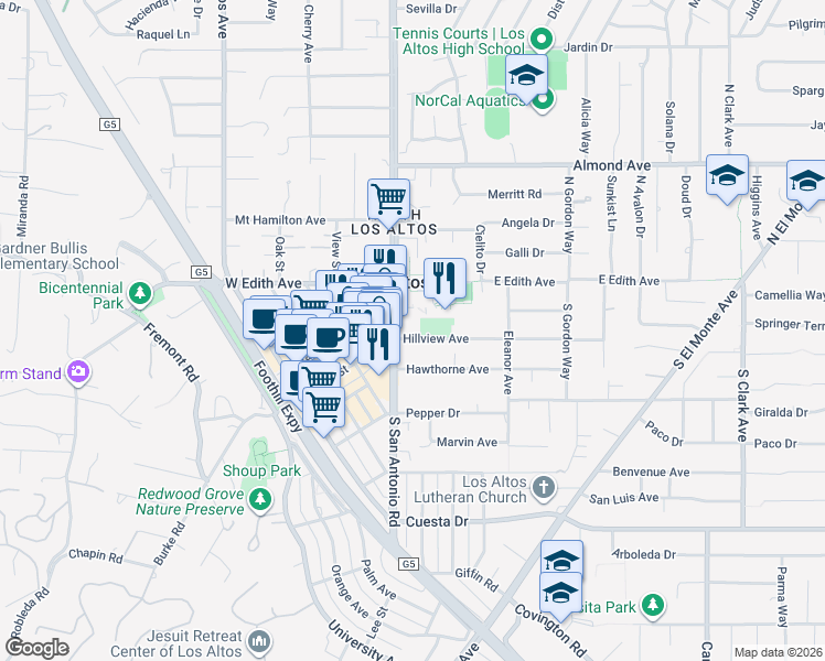 map of restaurants, bars, coffee shops, grocery stores, and more near 167 South San Antonio Road in Los Altos