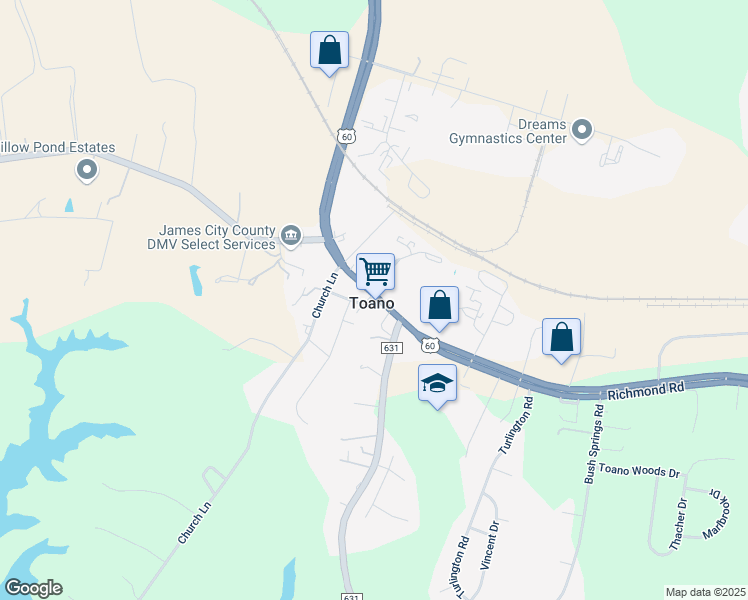map of restaurants, bars, coffee shops, grocery stores, and more near in Toano