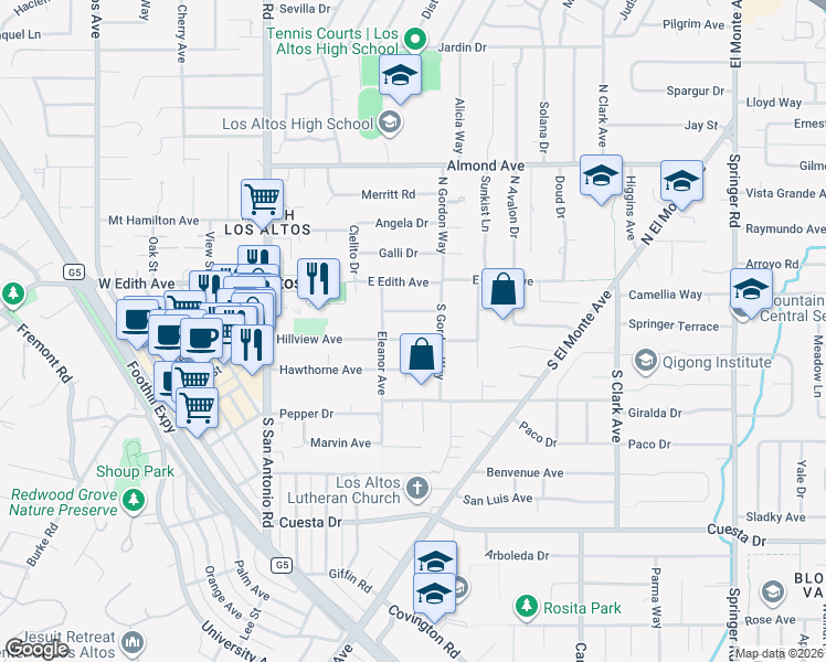 map of restaurants, bars, coffee shops, grocery stores, and more near 225 Hillview Avenue in Los Altos