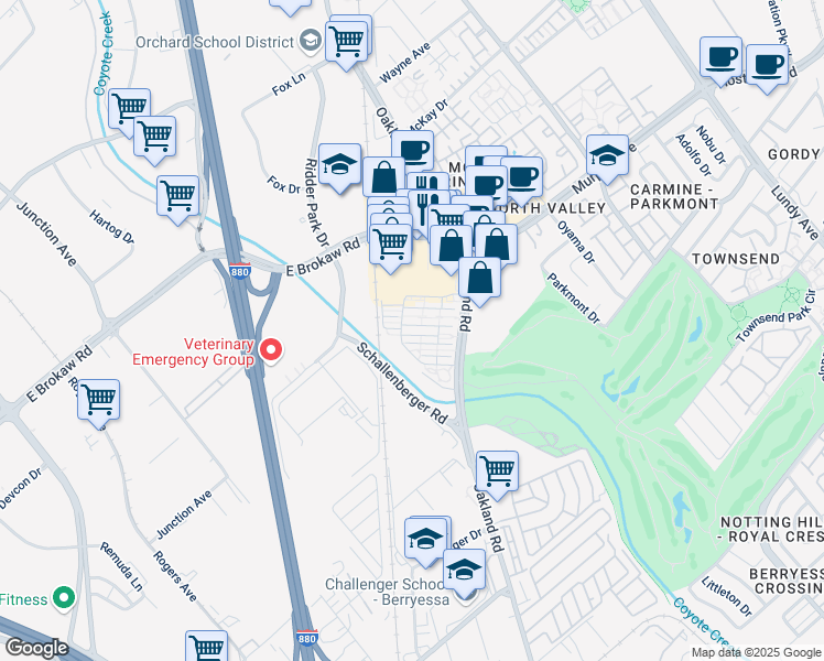 map of restaurants, bars, coffee shops, grocery stores, and more near 1057 Foxglove Place in San Jose