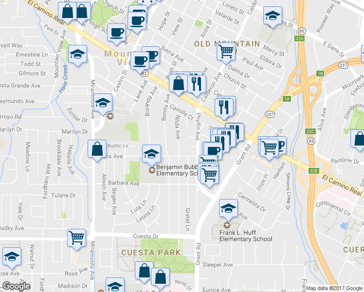 map of restaurants, bars, coffee shops, grocery stores, and more near 1171 Nilda Avenue in Mountain View