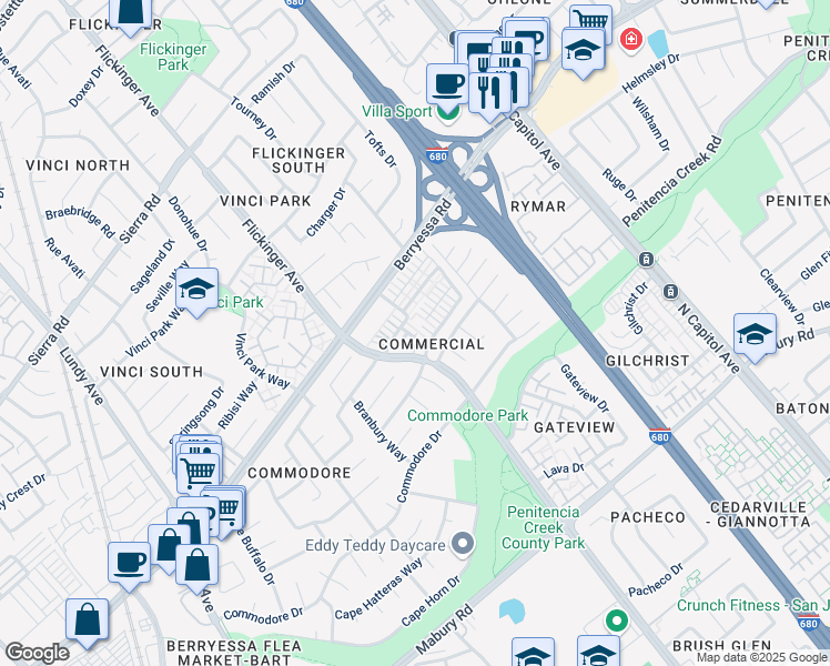 map of restaurants, bars, coffee shops, grocery stores, and more near 1037 Thyme Walkway in San Jose