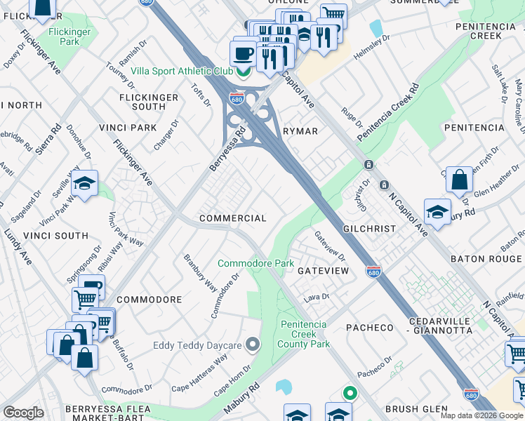 map of restaurants, bars, coffee shops, grocery stores, and more near 938 Ivy Glen Drive in San Jose