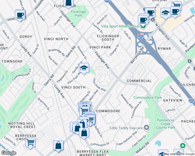 map of restaurants, bars, coffee shops, grocery stores, and more near 1215 Ribisi Circle in San Jose