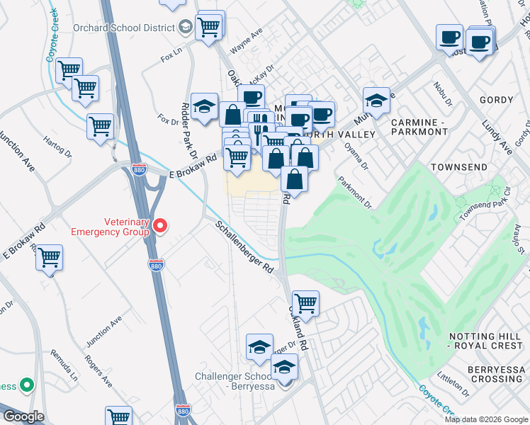 map of restaurants, bars, coffee shops, grocery stores, and more near 1089 Dewberry Place in San Jose