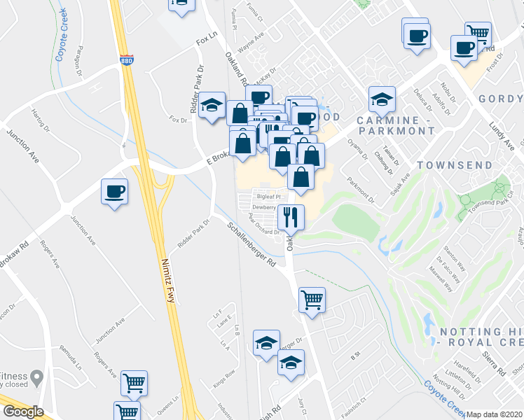 map of restaurants, bars, coffee shops, grocery stores, and more near 1057 Foxglove Place in San Jose