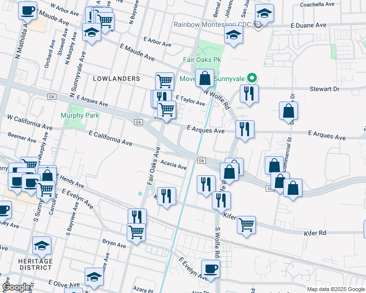 map of restaurants, bars, coffee shops, grocery stores, and more near 620 East Arques Avenue in Sunnyvale